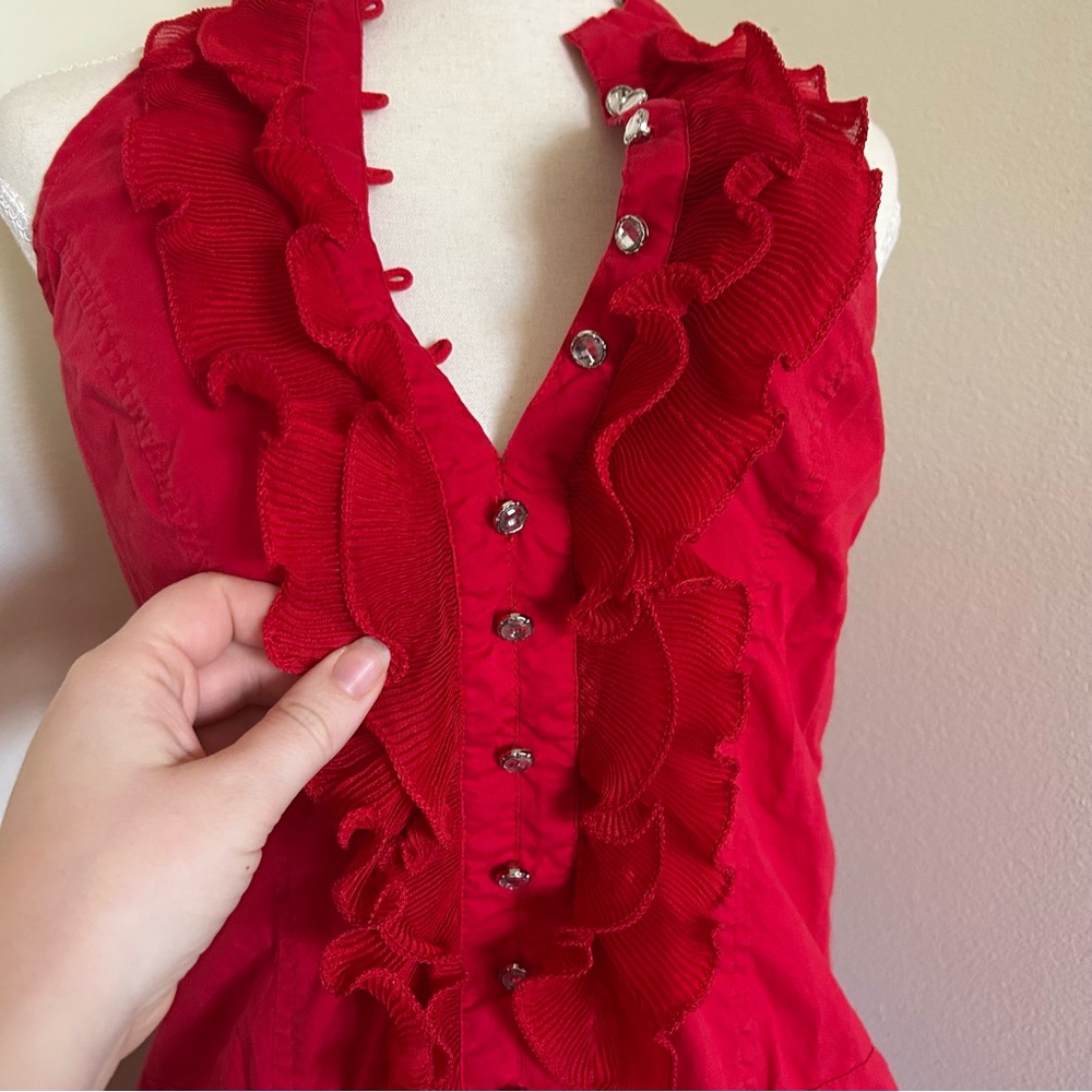 Red Ruffle Halter Mini Dress Ruched Bodycon Button Front - Picture 2 of 6